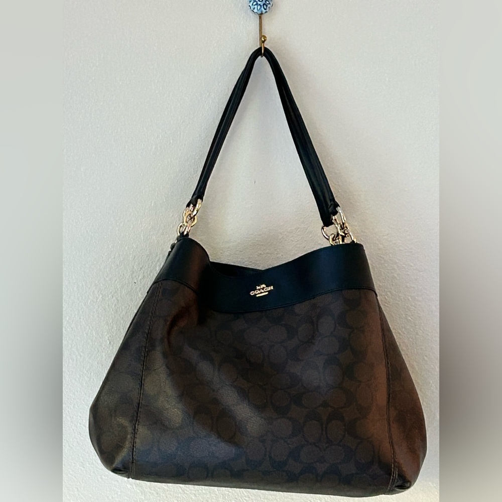 Coach Lexy Shoulder Bag in Signature Monogrammed Dark Brown Black F27972